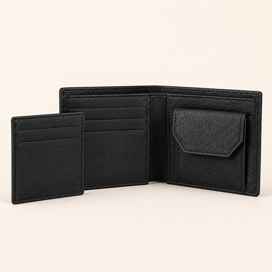 Black detachable card wallet open front view