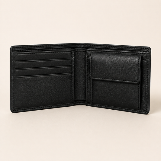 Classic black coin wallet open front view